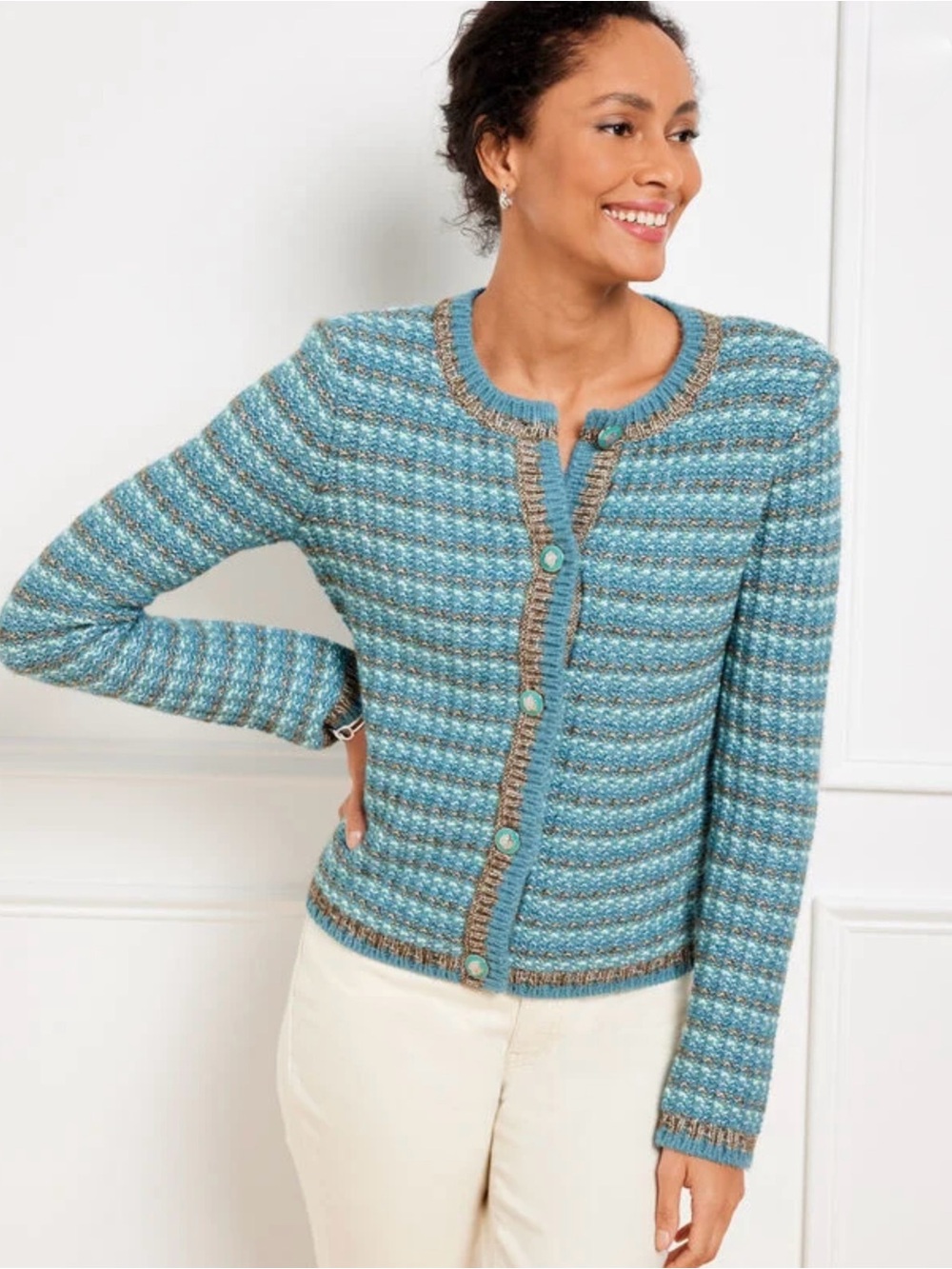 Talbots Blue/Teal/ Taupe Tweed Crewneck Striped Knit Button Cardigan L